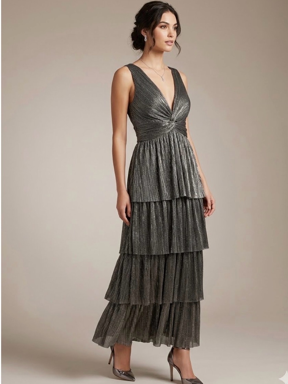 Sabina Musayev Delphina Metallic Pleated Tiered Midi Dress Size XS Black Silver